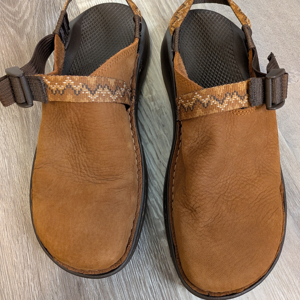 Vibram Brown Leather Mules with Patterned Strap